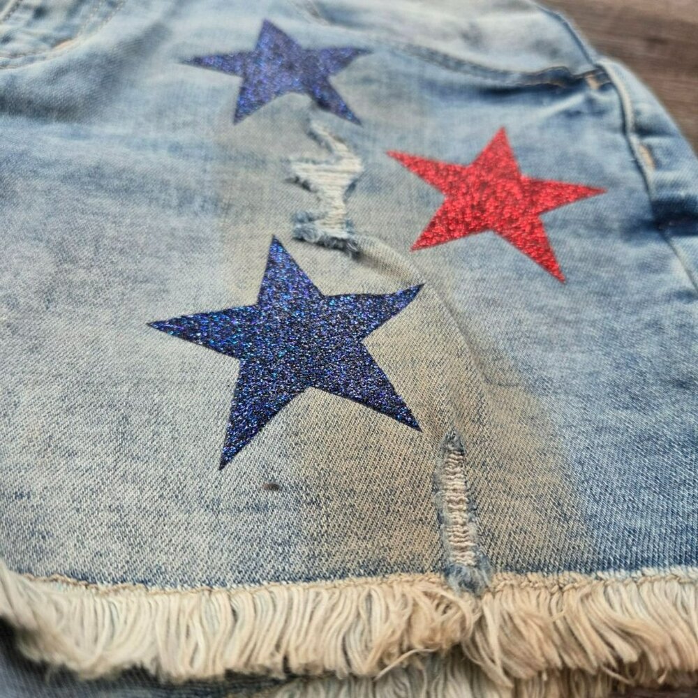 NWT Justice Size 16 girls' denim shorts w/red and blue stars and distress wear l - Picture 8 of 10